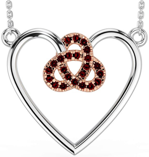 Garnet Rose Gold Silver Celtic Trinity Knot Heart Necklace