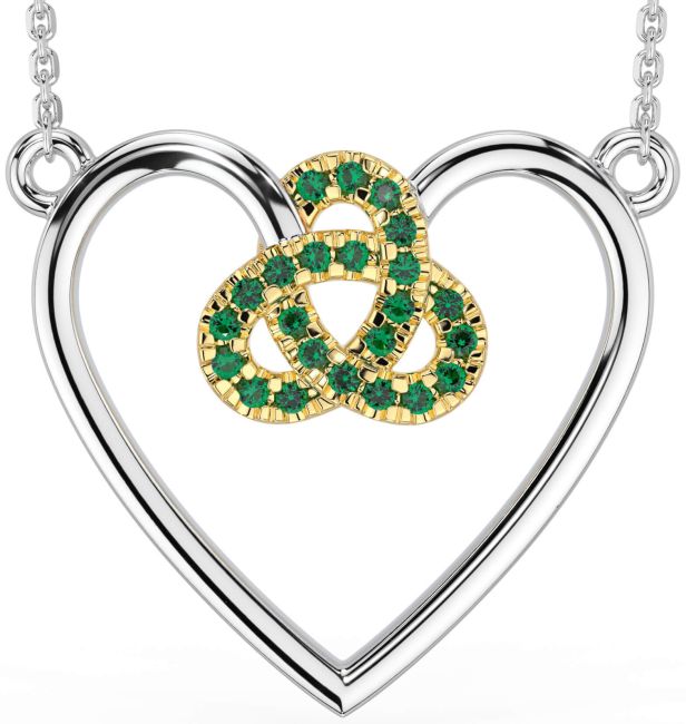 Emerald Gold Silver Celtic Trinity Knot Heart Necklace