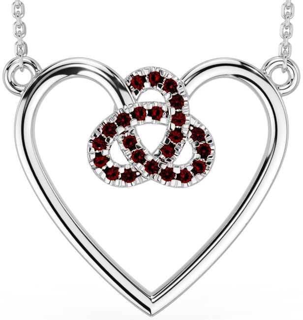 Garnet White Gold Celtic Trinity Knot Heart Necklace