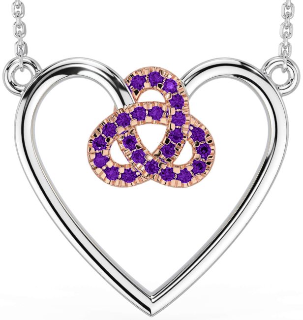 Amethyst White Rose Gold Celtic Trinity Knot Heart Necklace