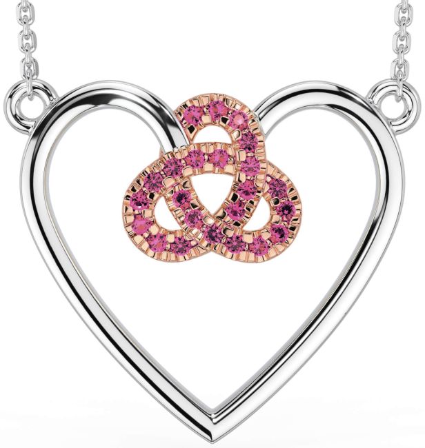 Pink Tourmaline White Rose Gold Celtic Trinity Knot Heart Necklace
