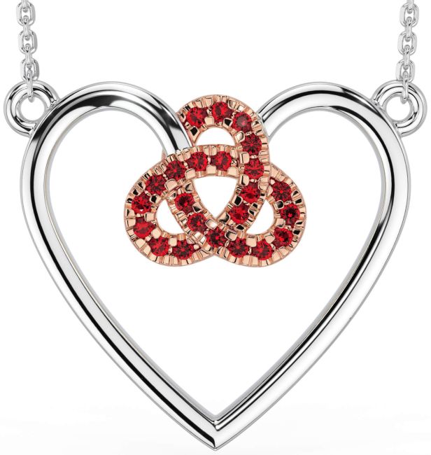 Ruby White Rose Gold Celtic Trinity Knot Heart Necklace