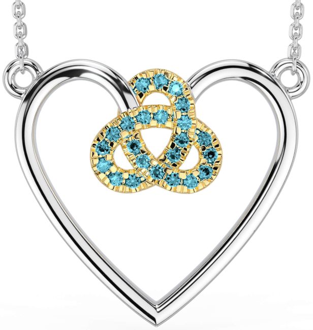 Aquamarine White Yellow Gold Celtic Trinity Knot Heart Necklace