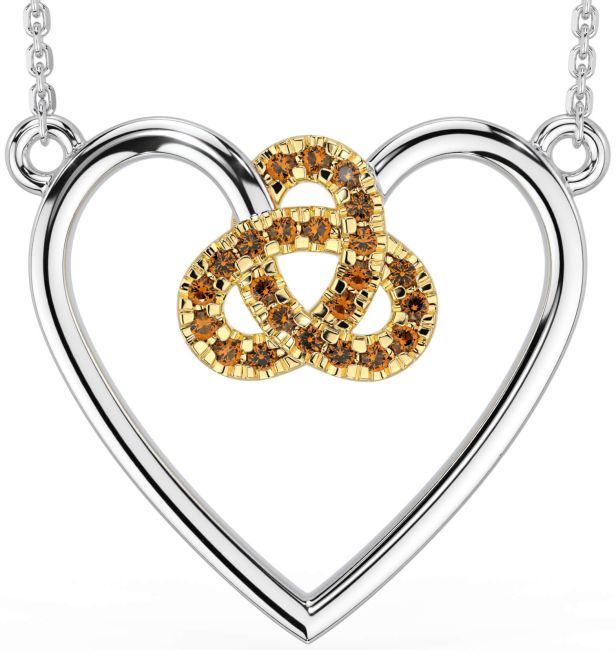 Citrine White Yellow Gold Celtic Trinity Knot Heart Necklace