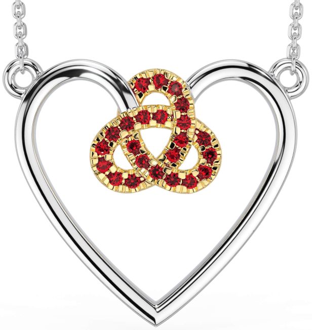 Ruby White Yellow Gold Celtic Trinity Knot Heart Necklace