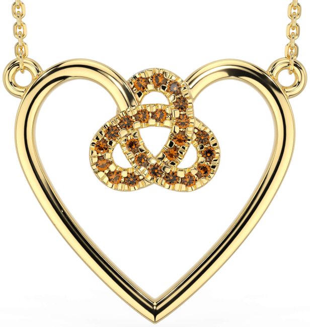 Citrine Gold Celtic Trinity Knot Heart Necklace