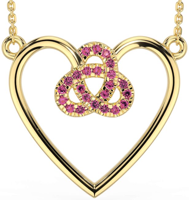 Pink Tourmaline Gold Celtic Trinity Knot Heart Necklace