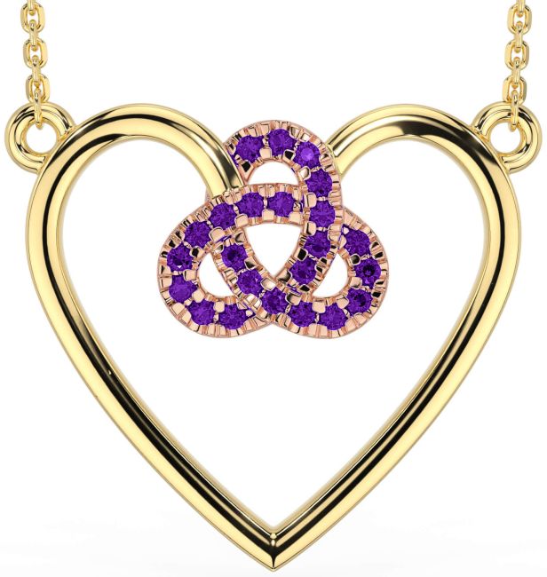 Amethyst Rose Yellow Gold Celtic Trinity Knot Heart Necklace