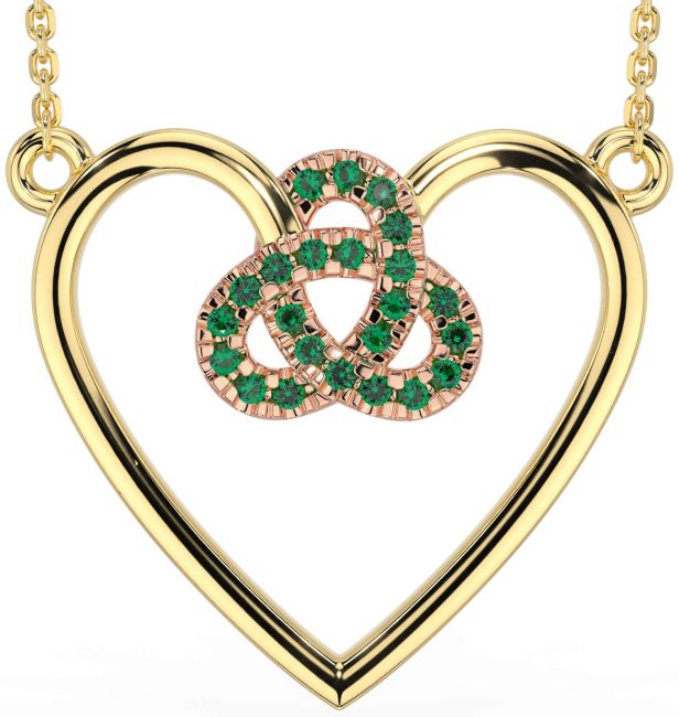 Emerald Rose Yellow Gold Celtic Trinity Knot Heart Necklace