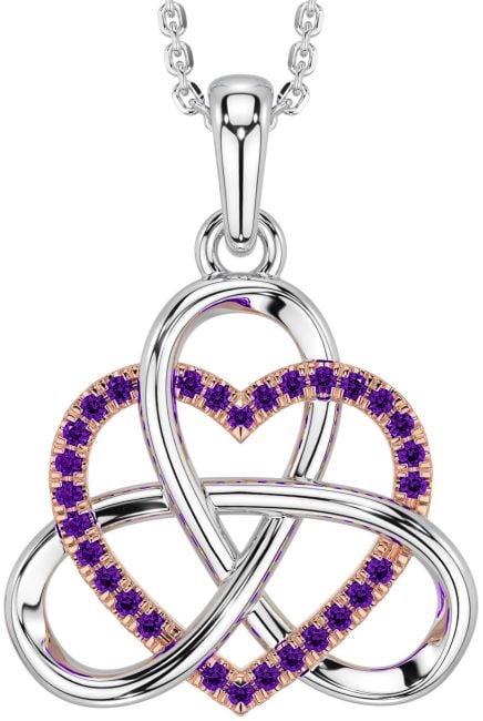 Amethyst Rose Gold Silver Celtic Trinity Knot Heart Necklace