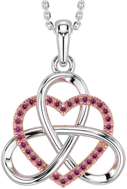Pink Tourmaline Rose Gold Silver Celtic Trinity Knot Heart Necklace