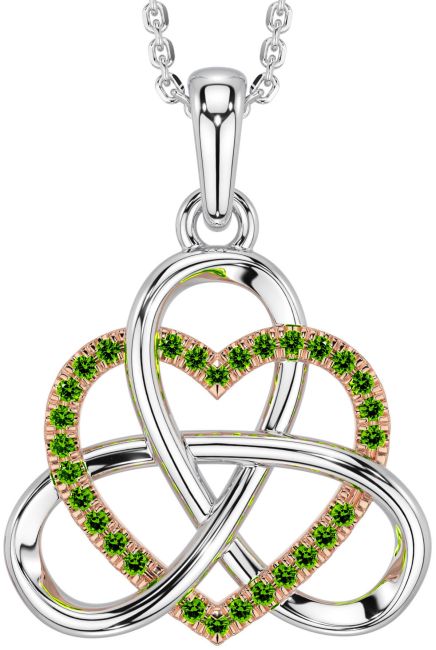 Peridot Rose Gold Silver Celtic Trinity Knot Heart Necklace
