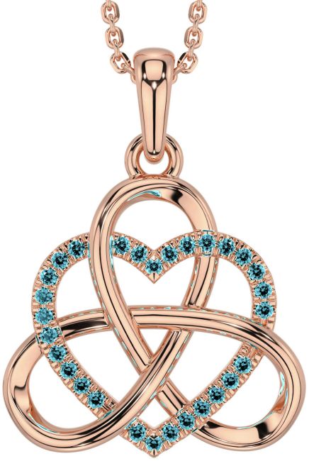 Aquamarine Rose Gold Silver Celtic Trinity Knot Heart Necklace