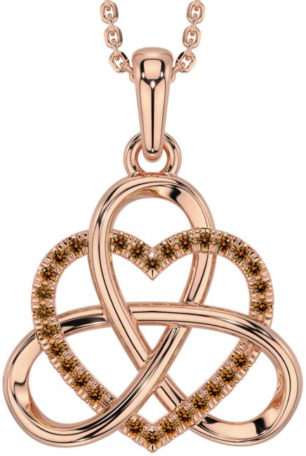 Citrine Rose Gold Silver Celtic Trinity Knot Heart Necklace