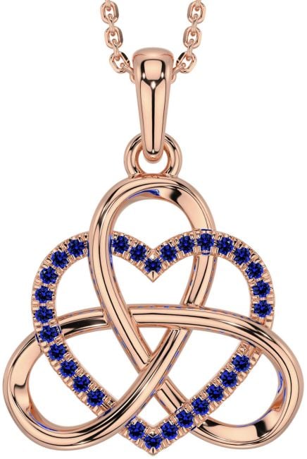 Sapphire Rose Gold Silver Celtic Trinity Knot Heart Necklace