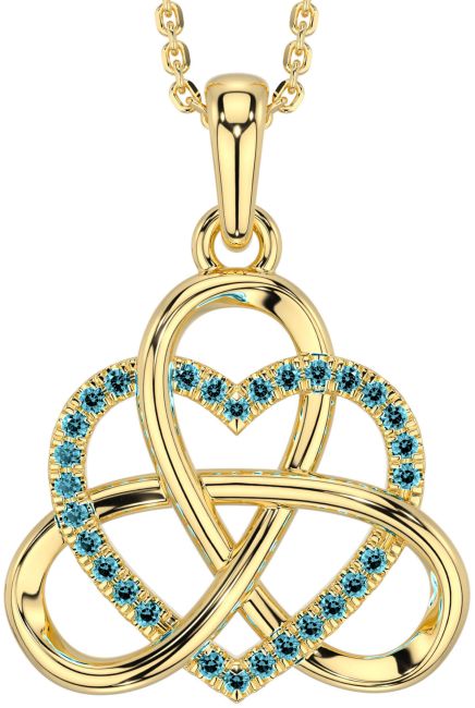 Aquamarine Gold Silver Celtic Trinity Knot Heart Necklace