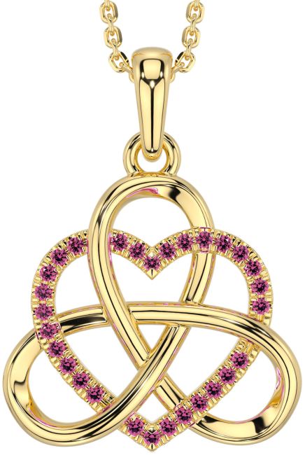 Pink Tourmaline Gold Silver Celtic Trinity Knot Heart Necklace