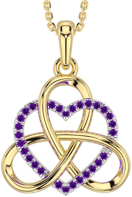 Amethyst Gold Silver Celtic Trinity Knot Heart Necklace