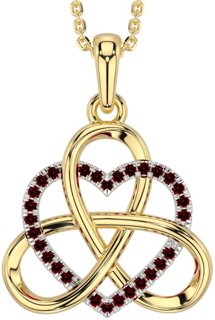 Garnet Gold Silver Celtic Trinity Knot Heart Necklace
