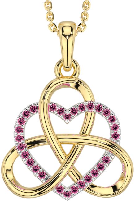 Pink Tourmaline Gold Silver Celtic Trinity Knot Heart Necklace