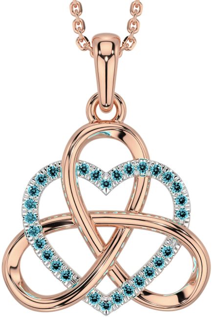Aquamarine White Rose Gold Celtic Trinity Knot Heart Necklace