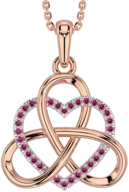 Pink Tourmaline White Rose Gold Celtic Trinity Knot Heart Necklace