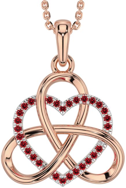Ruby White Rose Gold Celtic Trinity Knot Heart Necklace