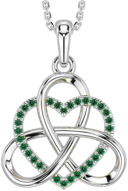 Emerald Silver Celtic Trinity Knot Heart Necklace