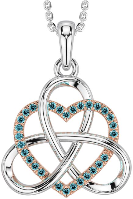 Aquamarine Rose Gold Silver Celtic Trinity Knot Heart Necklace