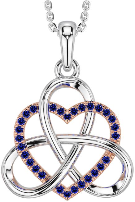 Sapphire Rose Gold Silver Celtic Trinity Knot Heart Necklace