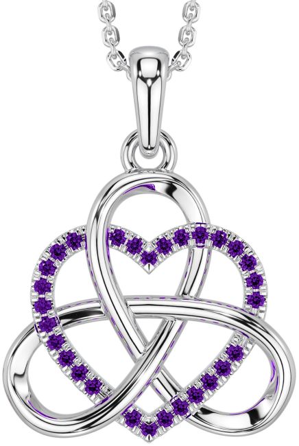 Amethyst White Gold Celtic Trinity Knot Heart Necklace