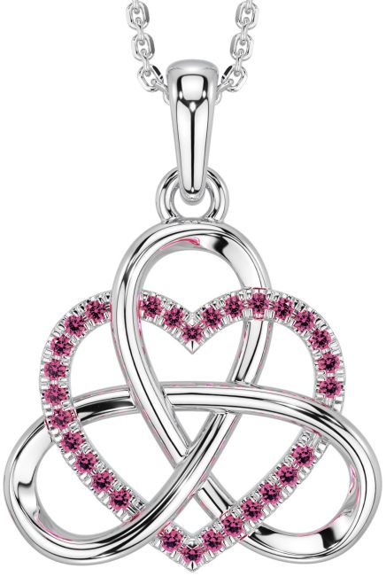 Pink Tourmaline White Gold Celtic Trinity Knot Heart Necklace