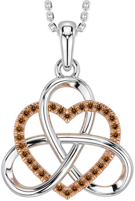 Citrine White Rose Gold Celtic Trinity Knot Heart Necklace