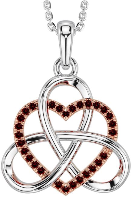 Garnet White Rose Gold Celtic Trinity Knot Heart Necklace