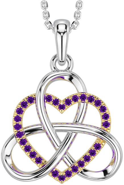 Amethyst White Yellow Gold Celtic Trinity Knot Heart Necklace