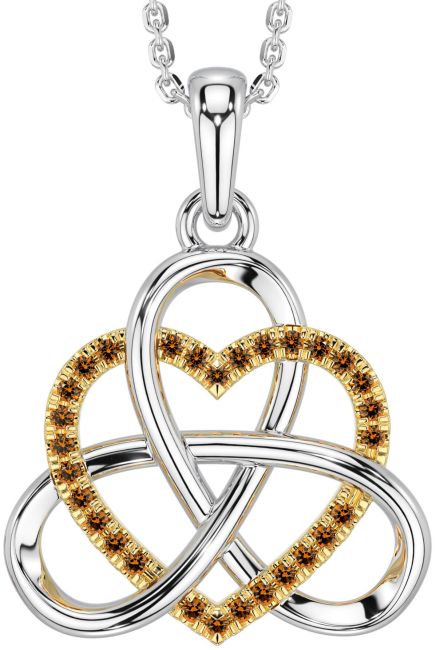 Citrine White Yellow Gold Celtic Trinity Knot Heart Necklace