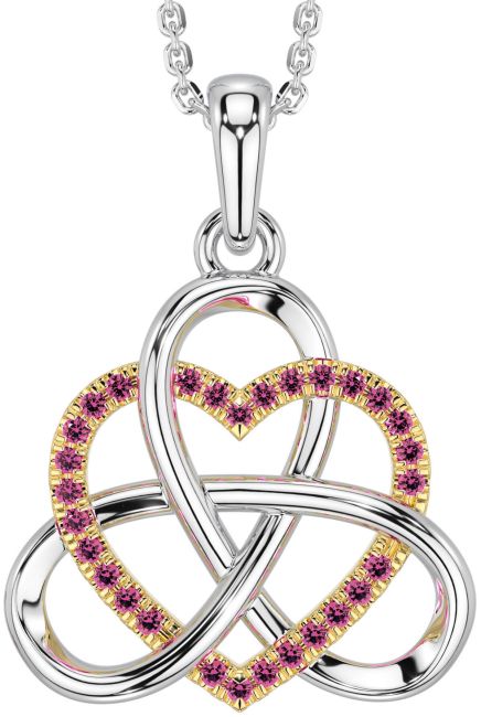 Pink Tourmaline White Yellow Gold Celtic Trinity Knot Heart Necklace
