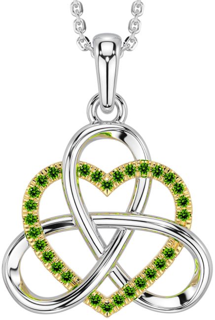 Peridot White Yellow Gold Celtic Trinity Knot Heart Necklace