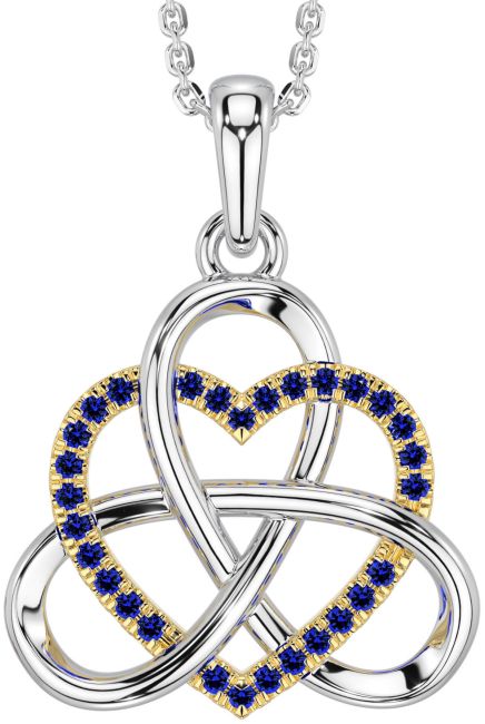 Sapphire White Yellow Gold Celtic Trinity Knot Heart Necklace