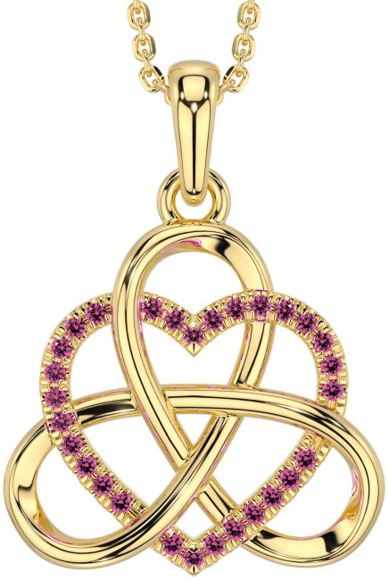 Pink Tourmaline Gold Celtic Trinity Knot Heart Necklace