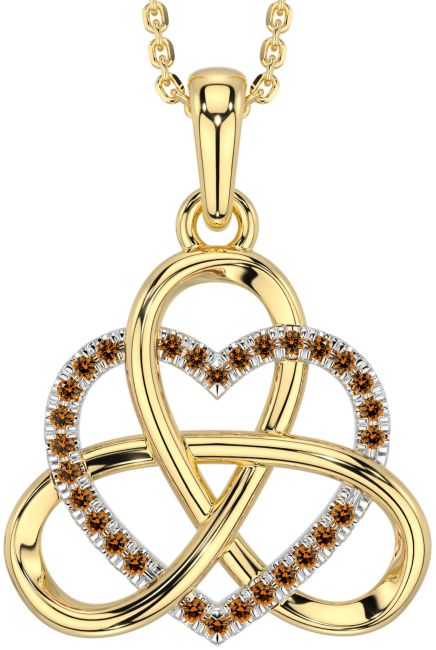 Citrine White Yellow Gold Celtic Trinity Knot Heart Necklace