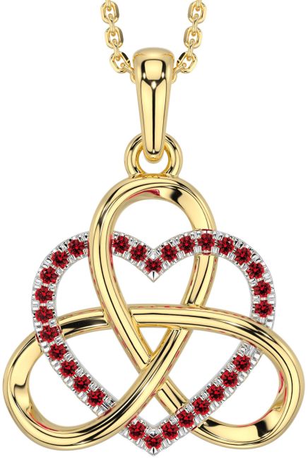 Ruby White Yellow Gold Celtic Trinity Knot Heart Necklace