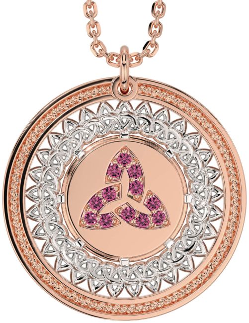 Pink Tourmaline White Rose Gold Celtic Trinity Knot Necklace