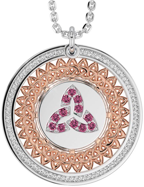 Pink Tourmaline White Rose Gold Celtic Trinity Knot Necklace