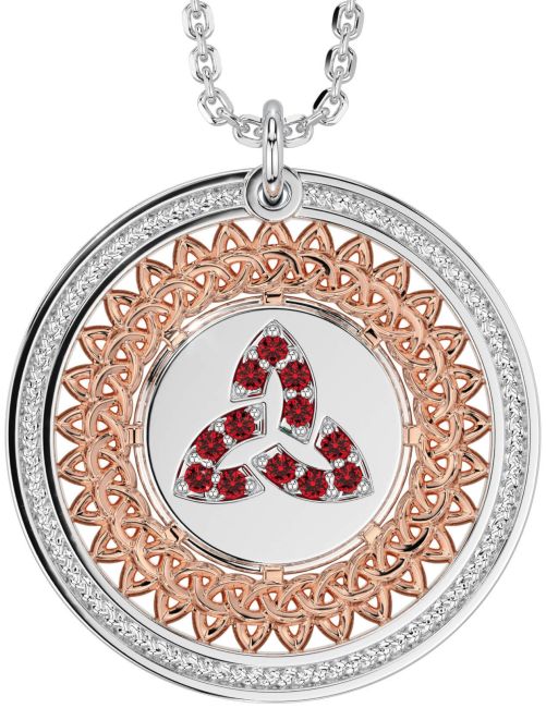 Ruby White Rose Gold Celtic Trinity Knot Necklace