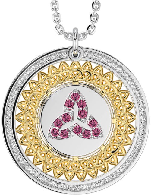 Pink Tourmaline White Yellow Gold Celtic Trinity Knot Necklace