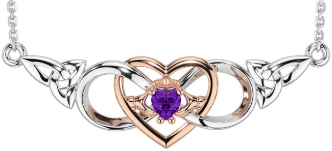 Amethyst Rose Gold Silver Celtic Trinity Knot Infinity Heart Claddagh Necklace