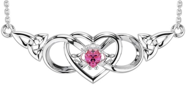 Pink Tourmaline White Gold Celtic Trinity Knot Infinity Heart Claddagh Necklace