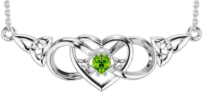 Peridot White Gold Celtic Trinity Knot Infinity Heart Claddagh Necklace