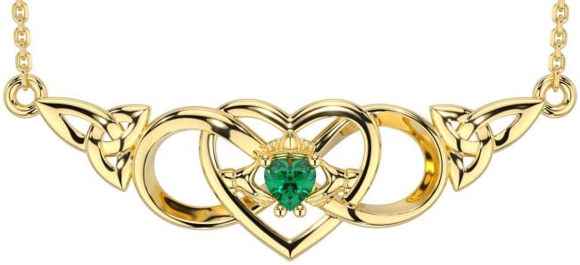 Emerald Gold Celtic Trinity Knot Infinity Heart Claddagh Necklace